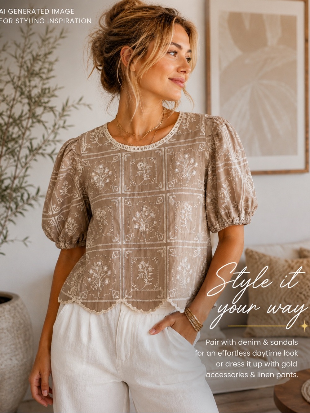 Solitaire Embroidered Floral Puff Sleeve Blouse Taupe Size Small